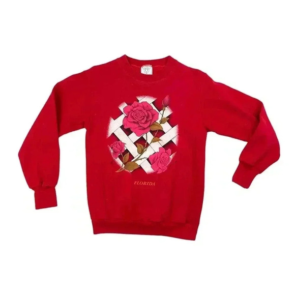 VTG Red Sweatshirt Pullover Top SMALL Rose Florida Retro Long Sleeve Women's - Picture 1 of 9